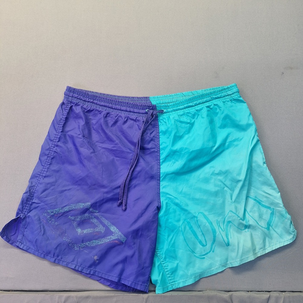 Vintage Umbro Nylon Shorts Mens Small Two Tone Purple Teal Colorblock USA Made
